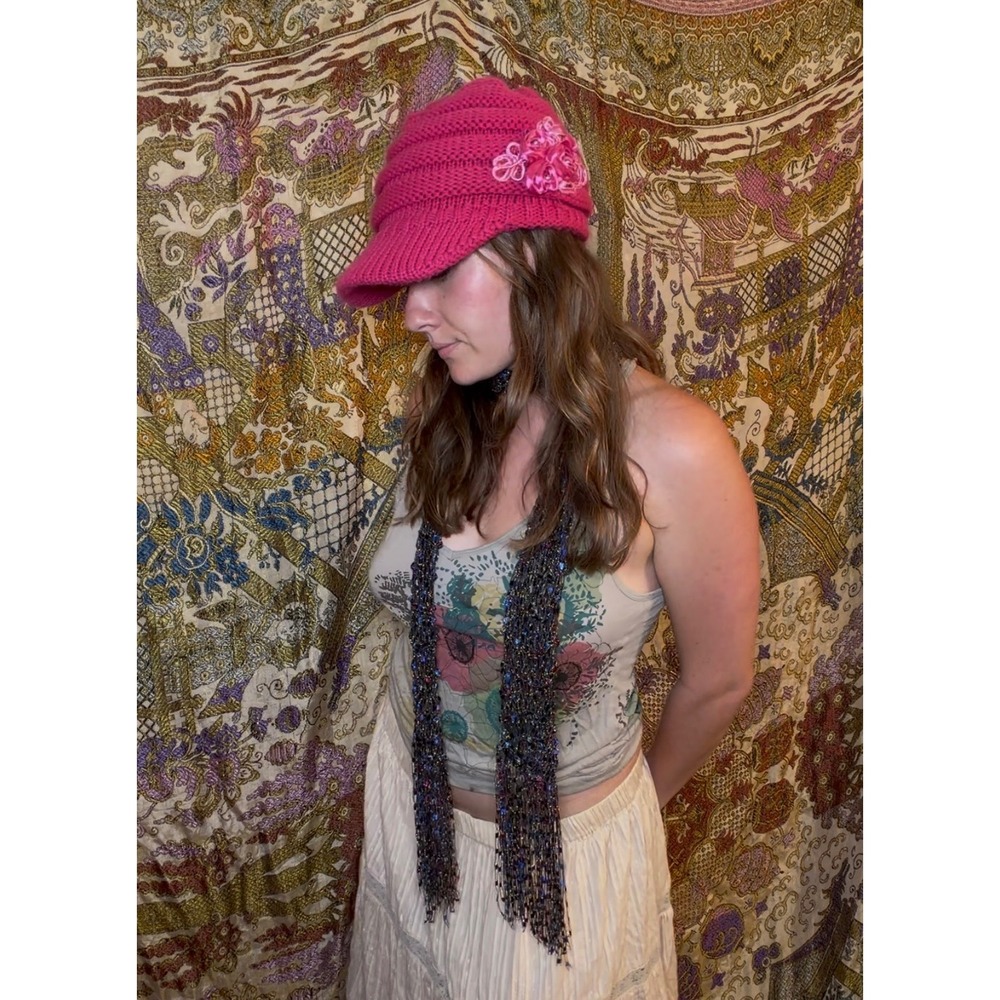 Hot Pink Ribbed Knit Whimsy Fairycore Floral Ribbon Applique Visor Beanie Cap